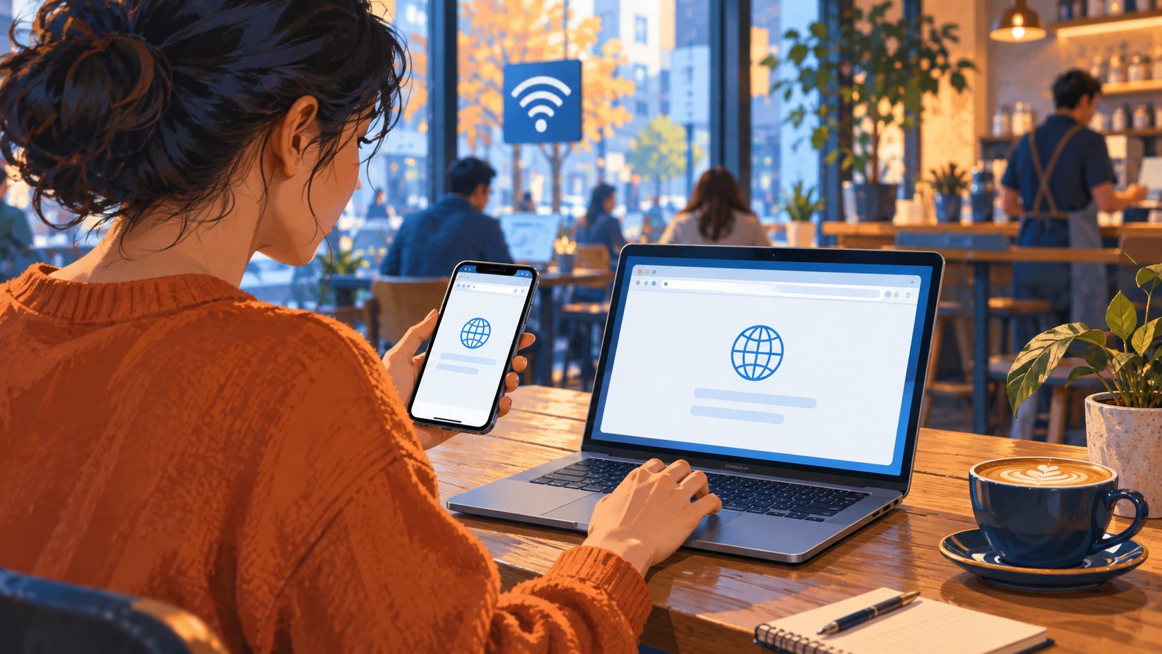 对照公共 Wi-Fi 与移动数据基础联网结果的示意图