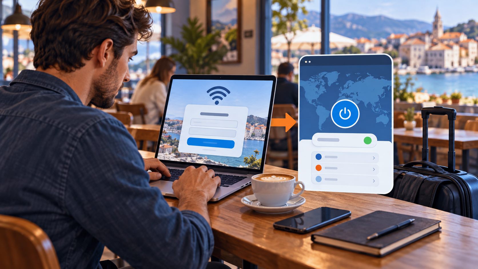 在公共 Wi-Fi 上先完成认证页登录的示意图