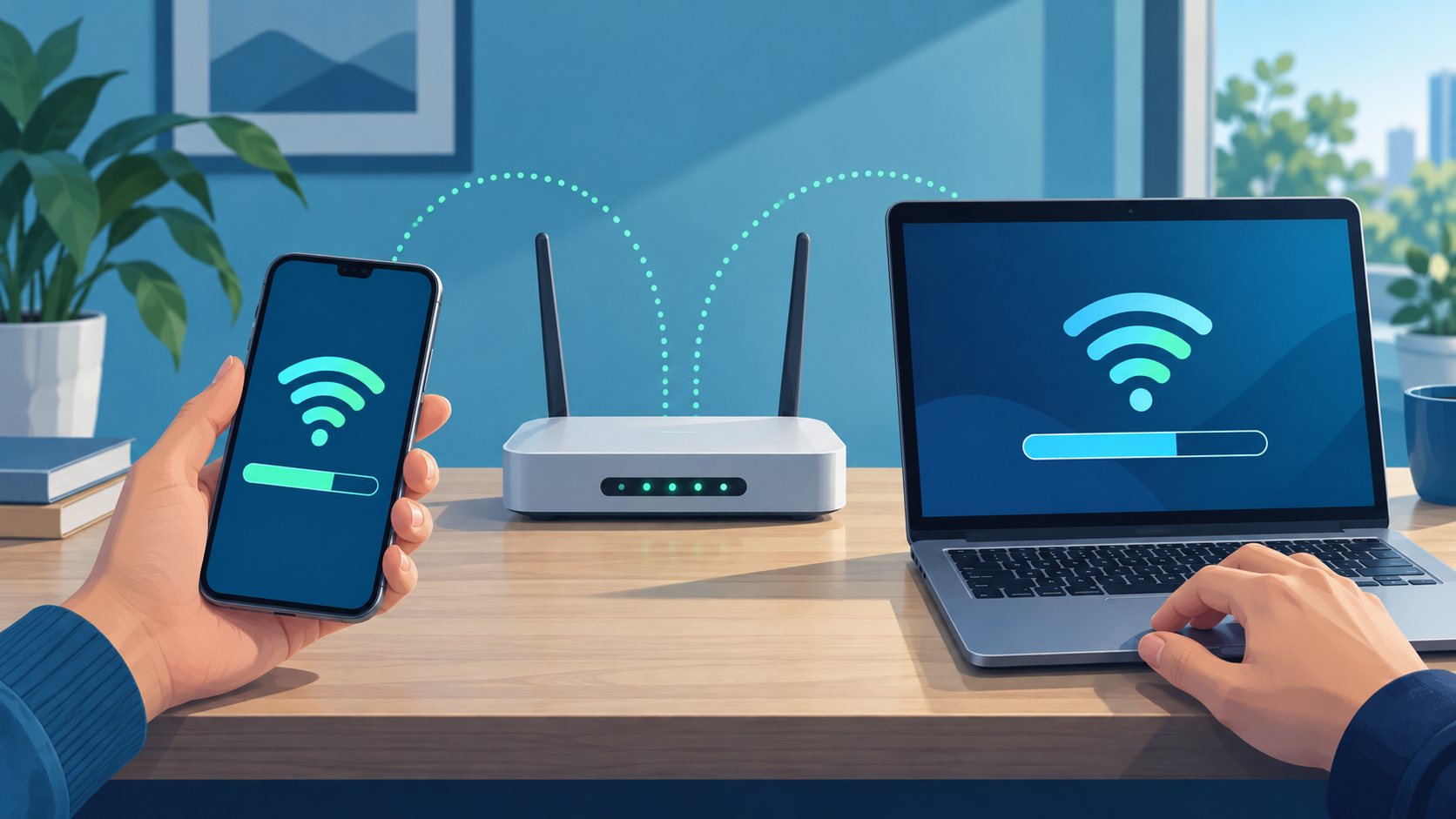 同一 Wi-Fi 下对照手机和电脑基础联网的示意图